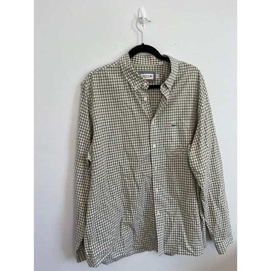 Lacoste Button Down Shirt Men 2XL Green White Check Long Sleeve Casual