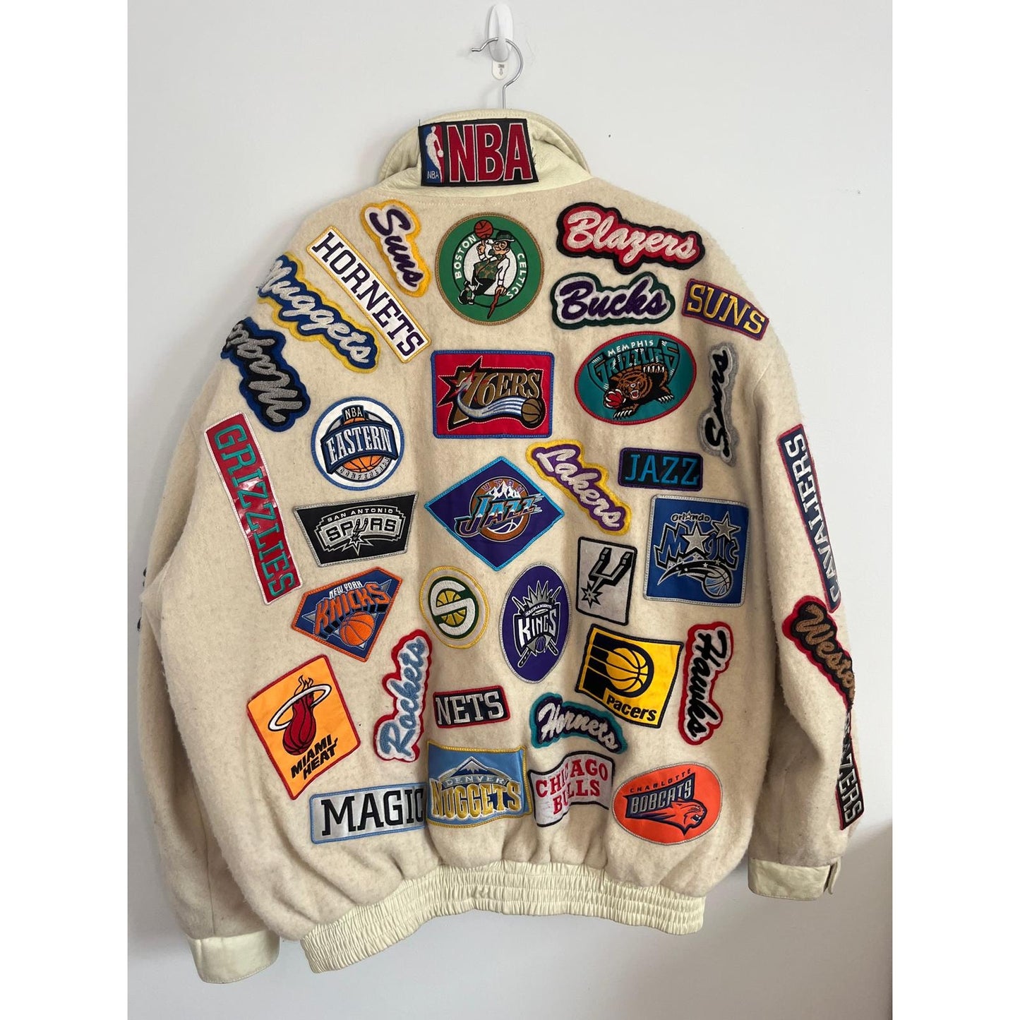 Jeff Hamilton Jacket Men XL Cream NBA All Teams Patch Wool Bomber