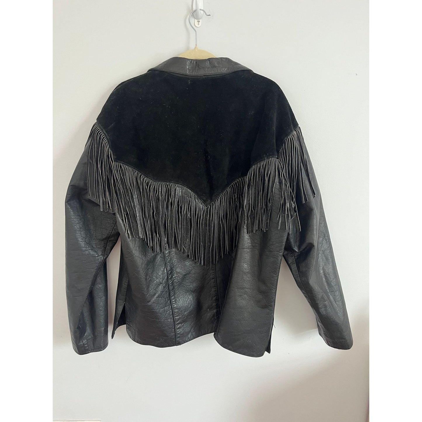 Barney’s Leather Jacket Women Large Black Fringe Western Lace Up USA Made Suede