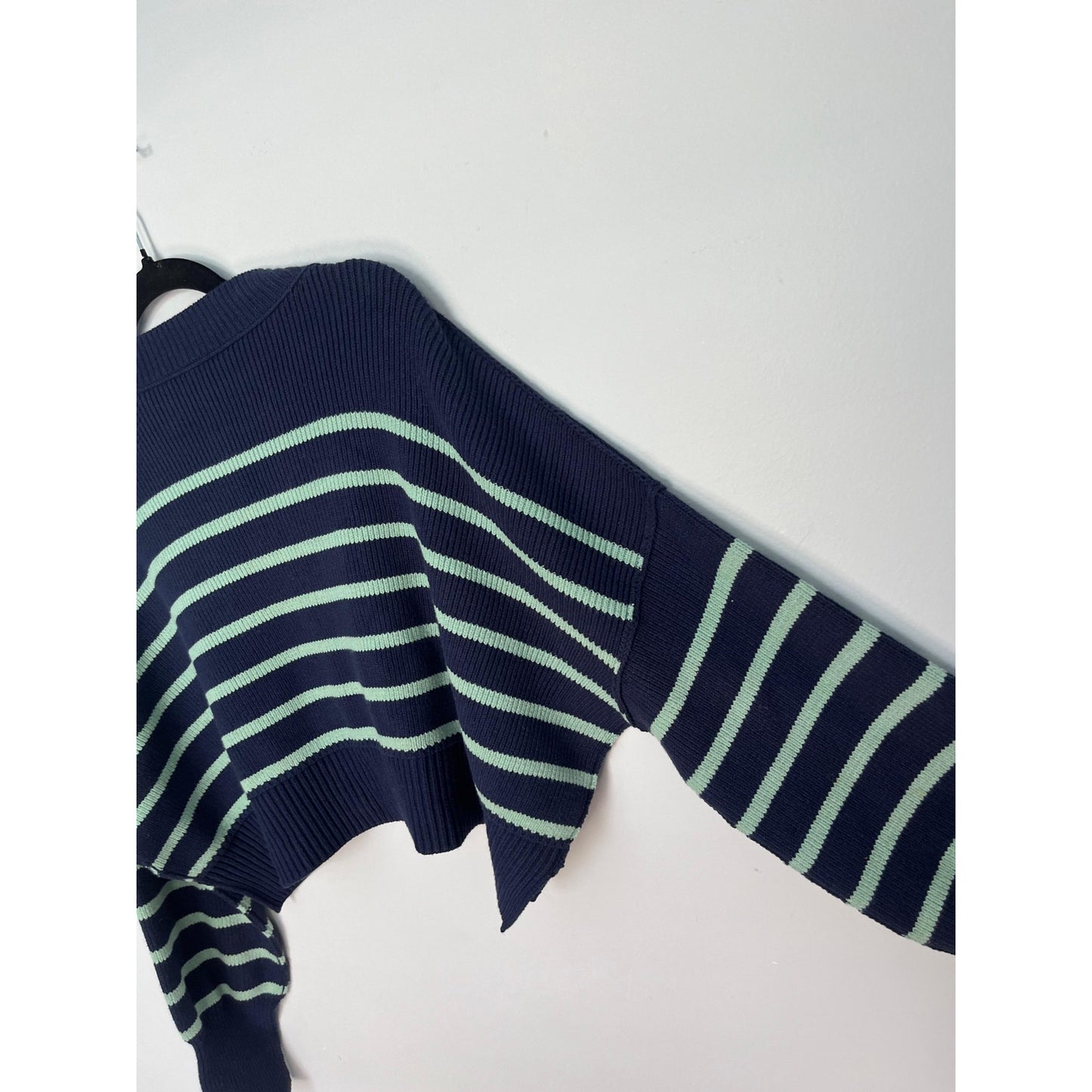 Free People Stripe Knit Cropped Sweater Women S Navy Green Pullover Boxy Fit