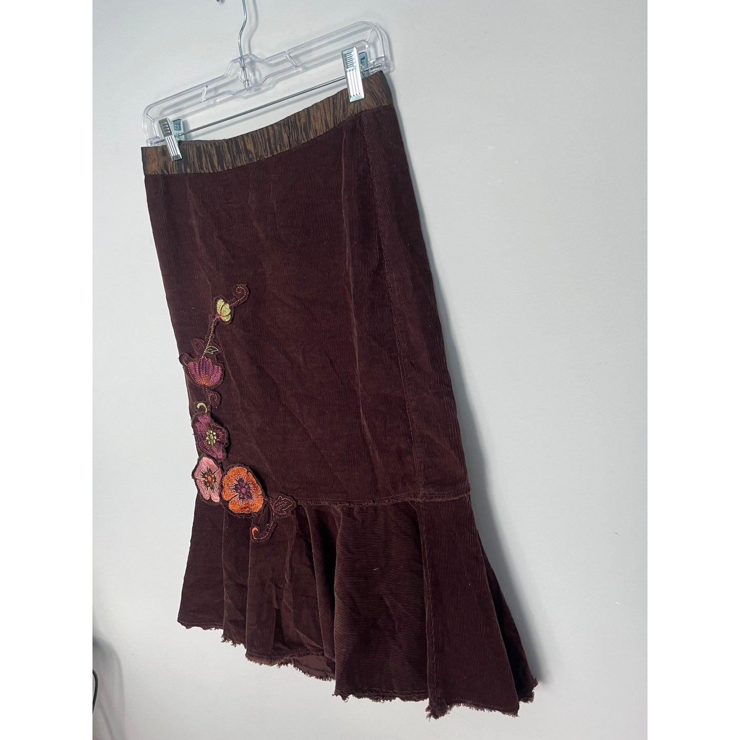 Free People Corduroy Skirt Women 0 Brown Floral Embroidered Ruffle Hem Boho