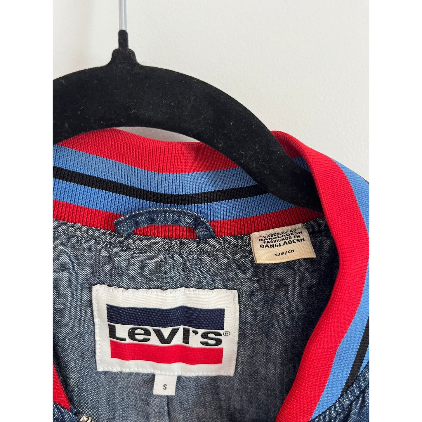 Levis Bomber Jacket Women S Blue Denim Zip Front Red Stripe Trim Retro Logo