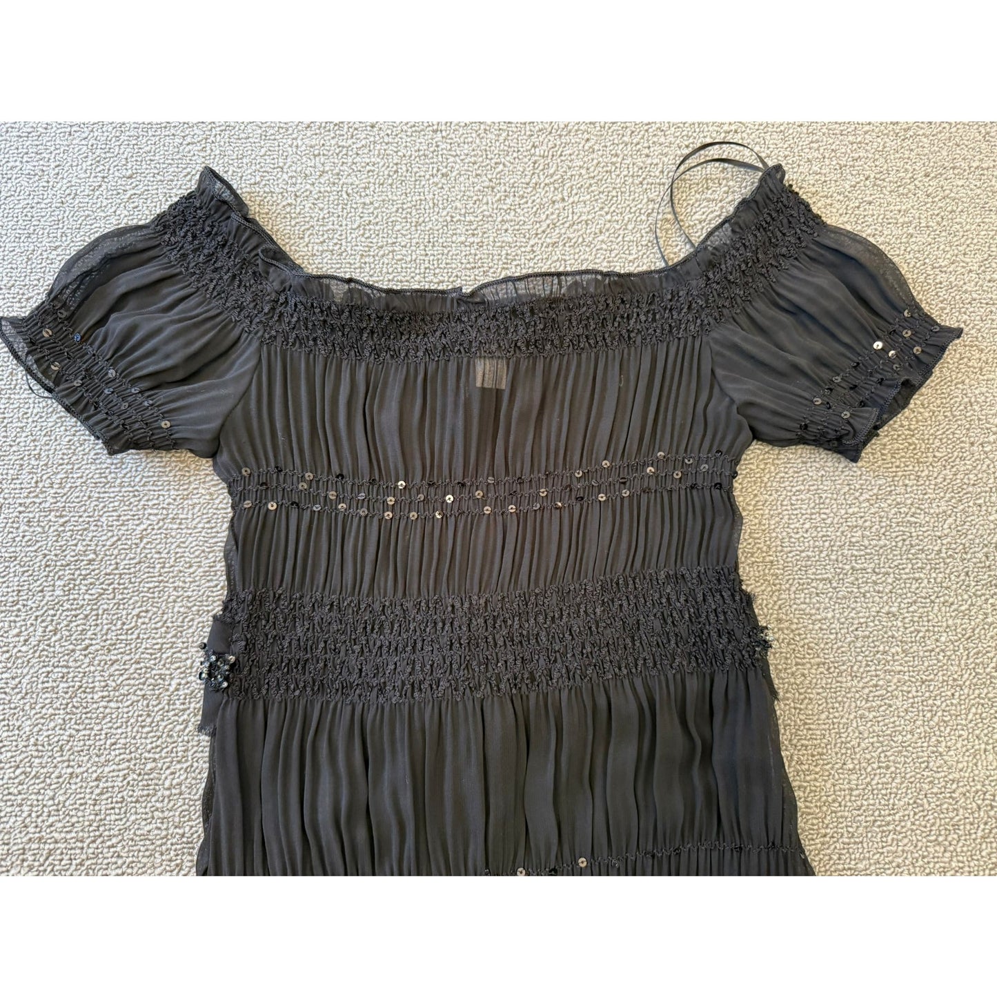 ABS Allen Schwartz Women XXS Sheer Black Sequin Beaded Tiered Ribbon Tie Dress