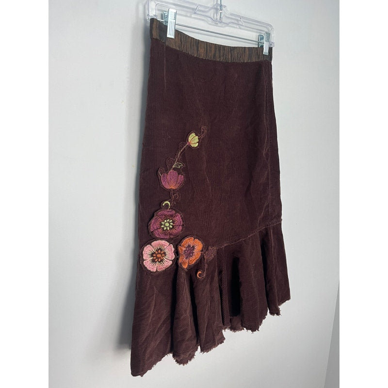 Free People Corduroy Skirt Women 0 Brown Floral Embroidered Ruffle Hem Boho