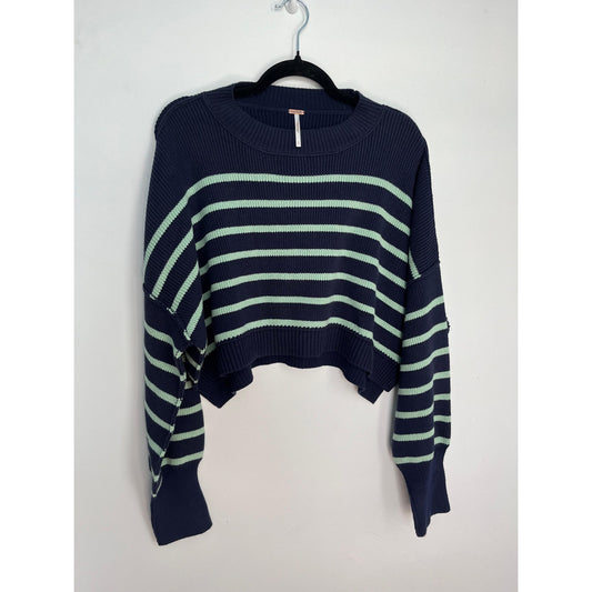 Free People Stripe Knit Cropped Sweater Women S Navy Green Pullover Boxy Fit