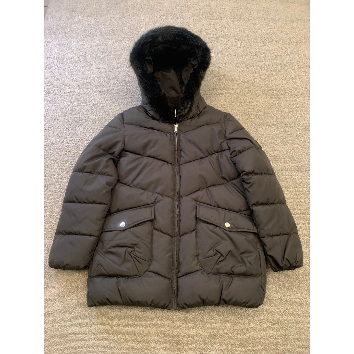 Mayoral Girl's Size 10 Black Hooded Puffer Jacket With Faux Fur
