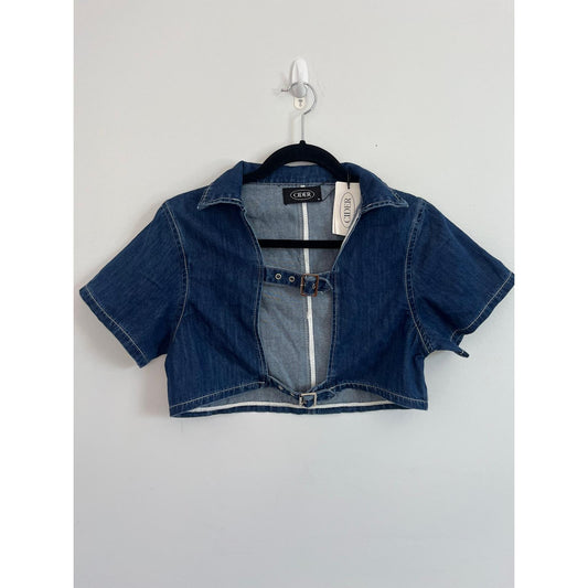 Cider Denim Crop Top Women M Blue Short Sleeve Zip Front Belted Jacket NWT