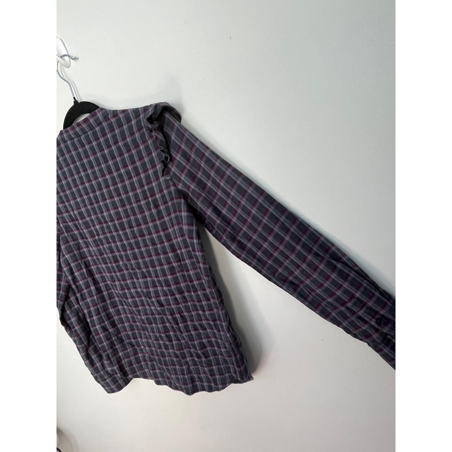PAIGE Ruffle Shoulder Plaid Button Shirt Women XS Purple Gray Long Sleeve Top