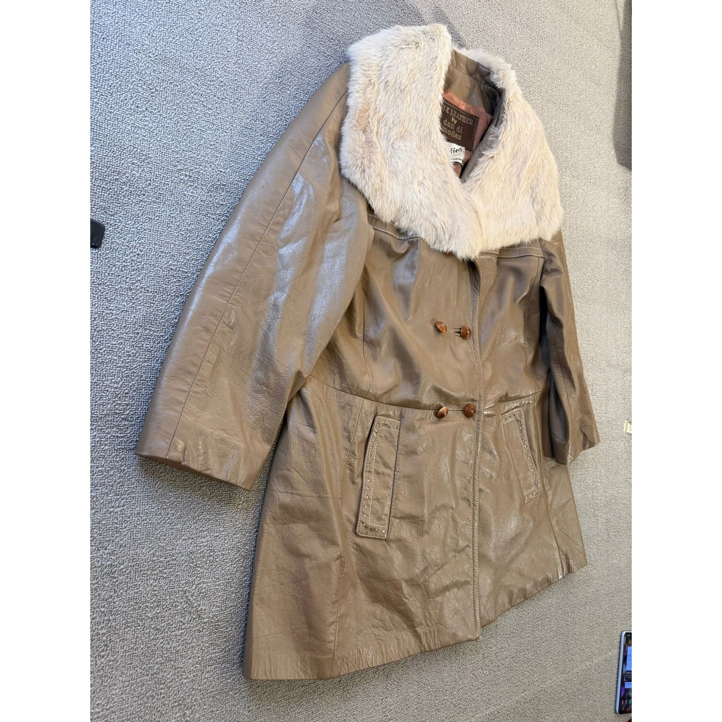 24K LEATHER Vintage Women's Beige Fur Collar Coat Jacket Vintage Retro Style