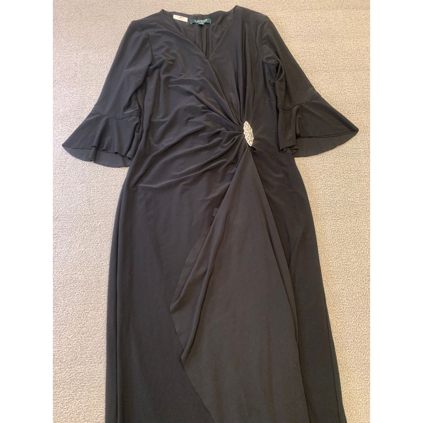 Lauren by Ralph Lauren Evening Dress Size 10 Womens Solid Black Crystal Brooch