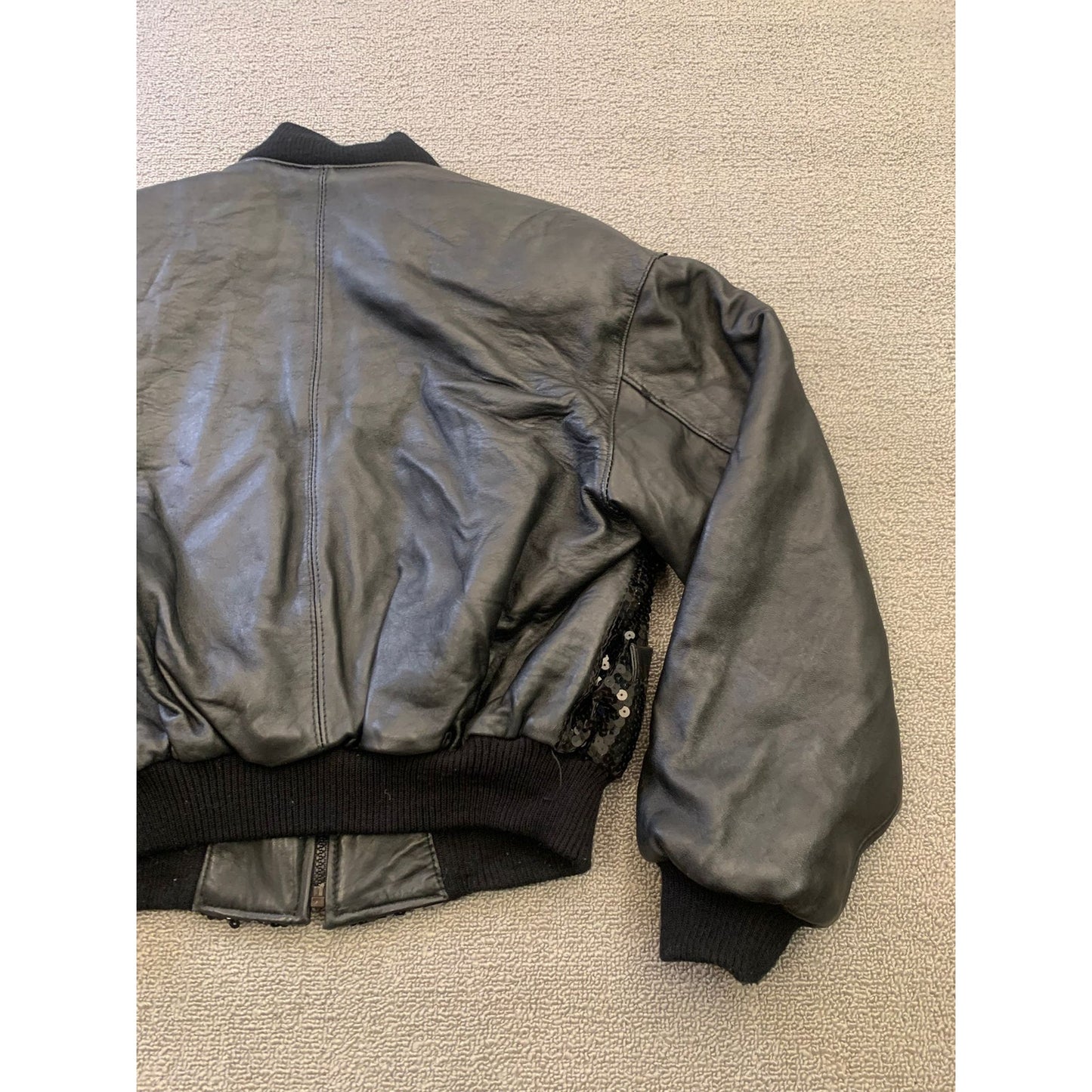Vintage Y2K G-III LEATHER Women Small Black Sequin Leather Bomber Jacket