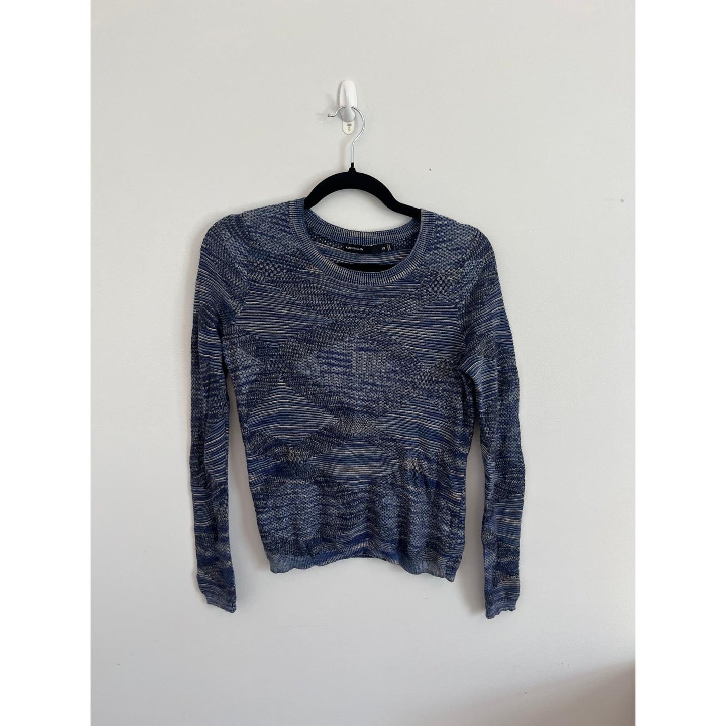 Karen Millen Knit Sweater Women XS Blue Textured Striped Pullover Lightweight