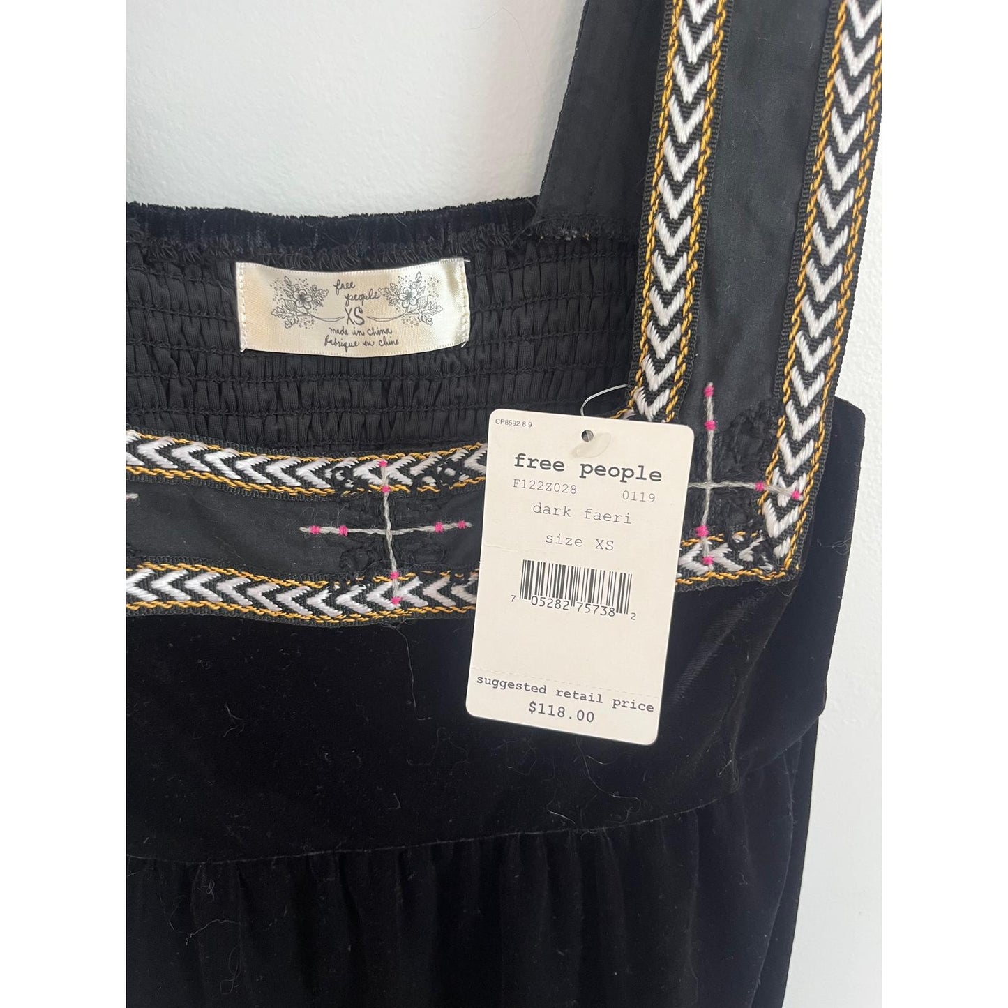 Free People Velvet Dress Women XS Black Boho Embroidered Trim NWT