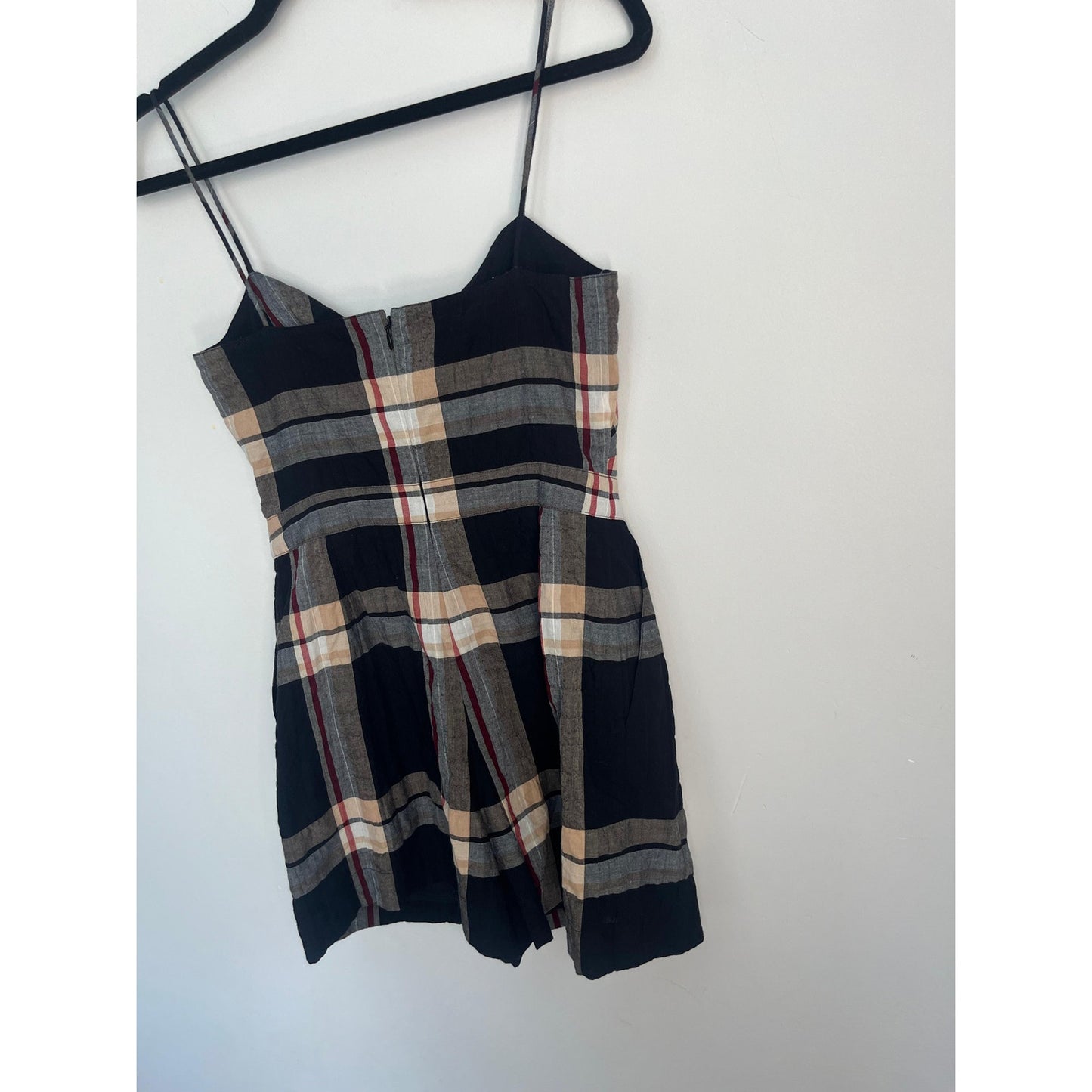 Club Monaco Plaid Romper Women 0 Black Tan Bow Tie Front Spaghetti Strap