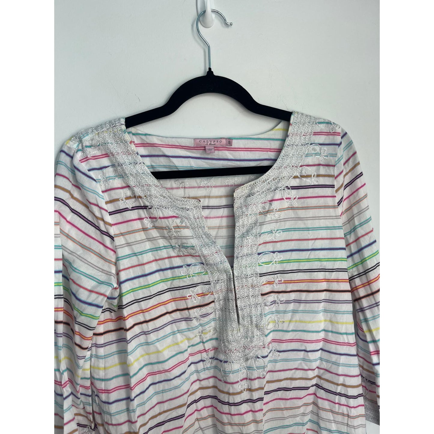Calypso St Barth Tunic Top Women Small Striped Metallic Embroidered Boho