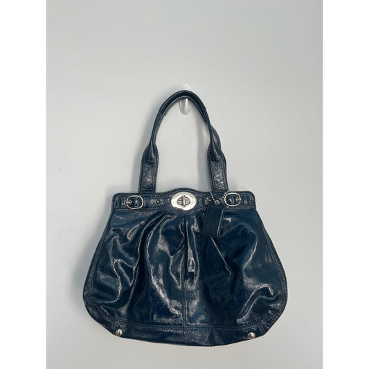 Coach Patent Leather Vintage Shoulder Bag Women Navy Pleated Turnlock Tote