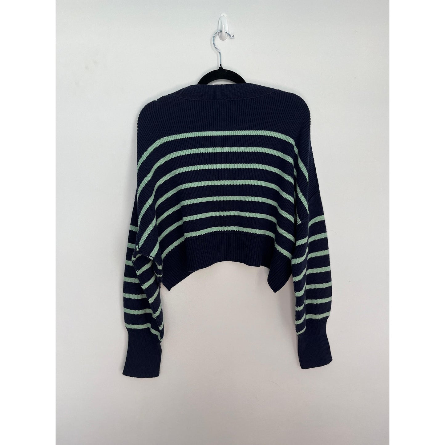 Free People Stripe Knit Cropped Sweater Women S Navy Green Pullover Boxy Fit