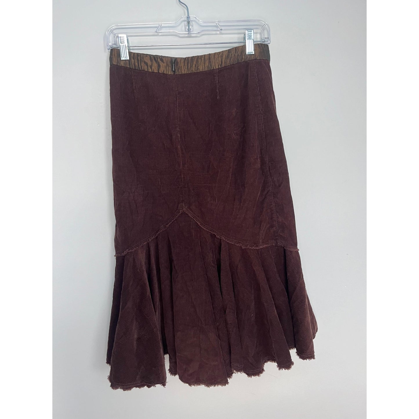Free People Corduroy Skirt Women 0 Brown Floral Embroidered Ruffle Hem Boho