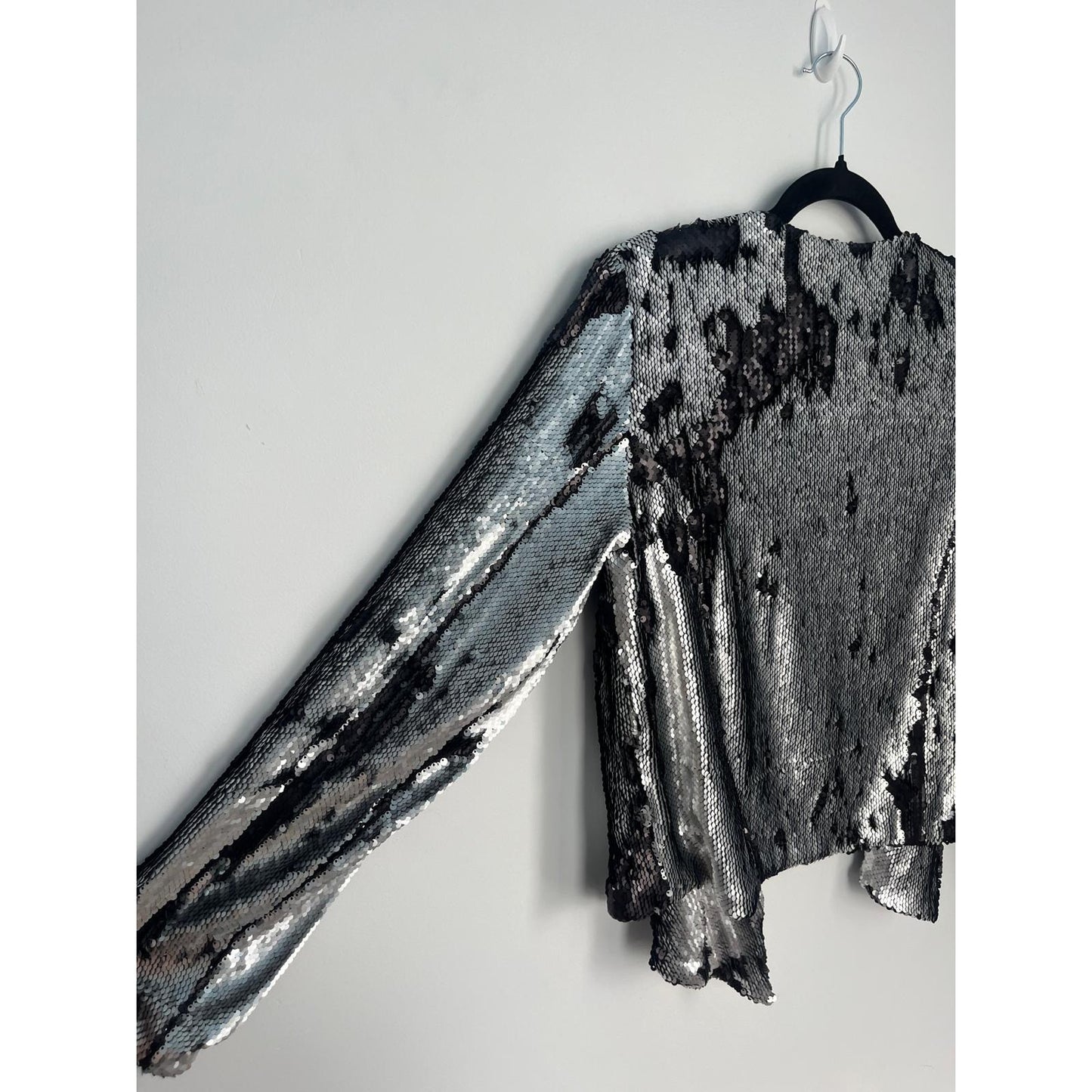 Chaser Sequin Jacket Women Medium Silver Black Open Front Party Blazer NWT