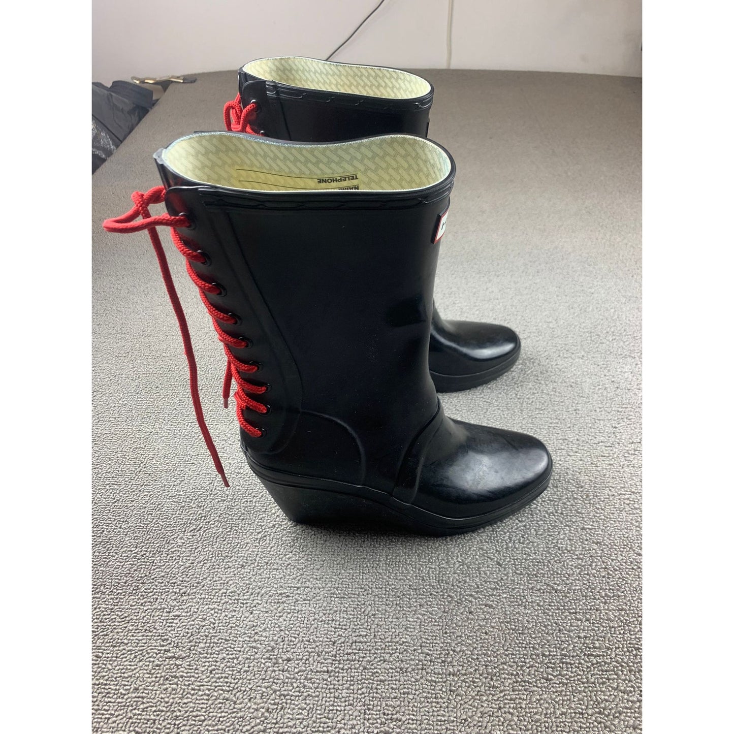 Hunter Women's 7 Black Verbier Wedge Boots Red Lace Up Rubber Rain