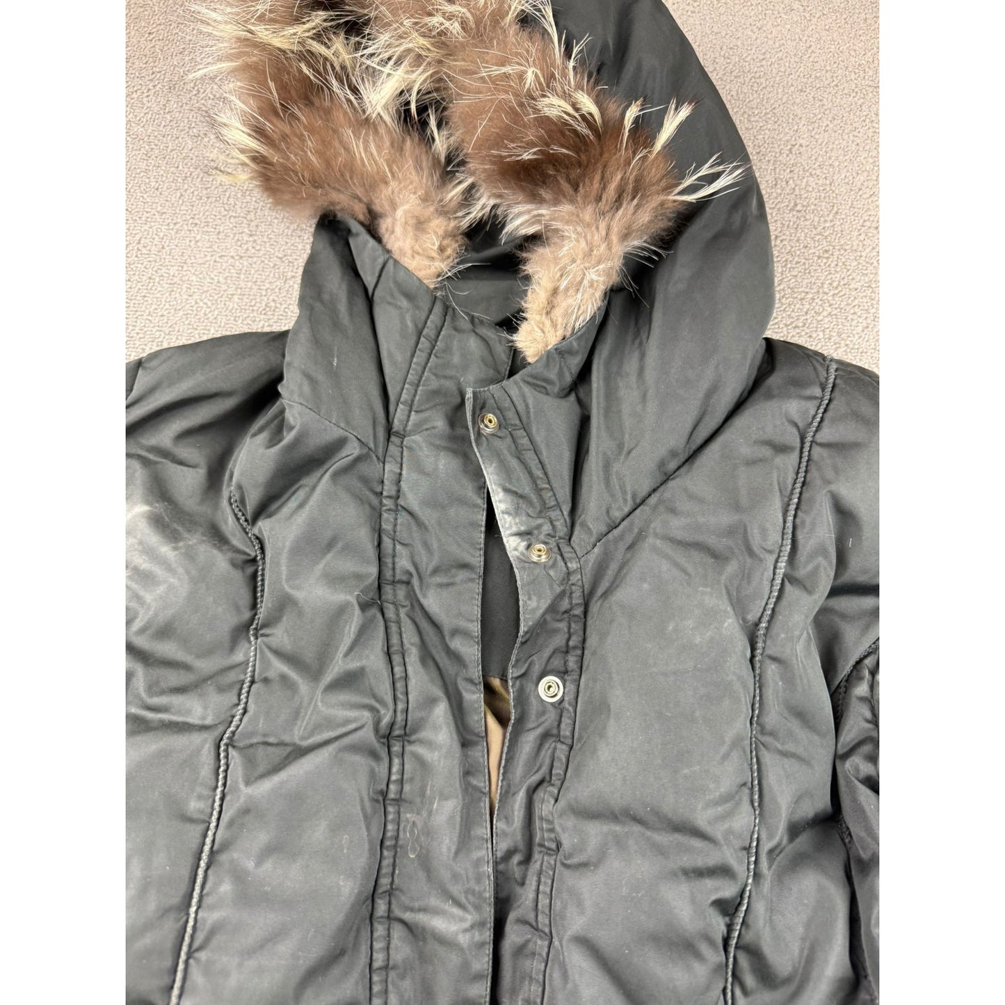 Post Card Women's Medium Black Hooded Fur Trim Puffer Coat