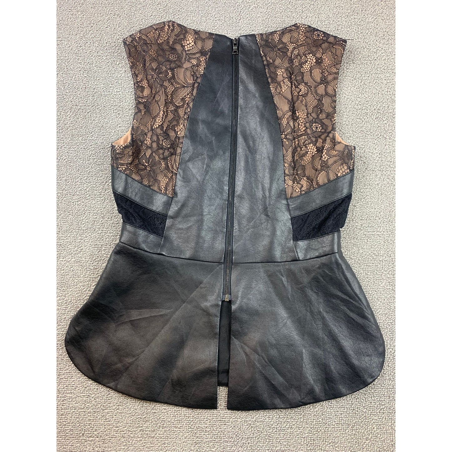 BCBGMAXAZRIA Women XXS Faux Leather Black Lace Peplum Top