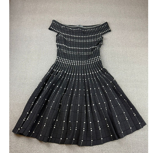 Alexander McQueen Women Black Embroidered Knit Boat Neck Flared Dress Size M