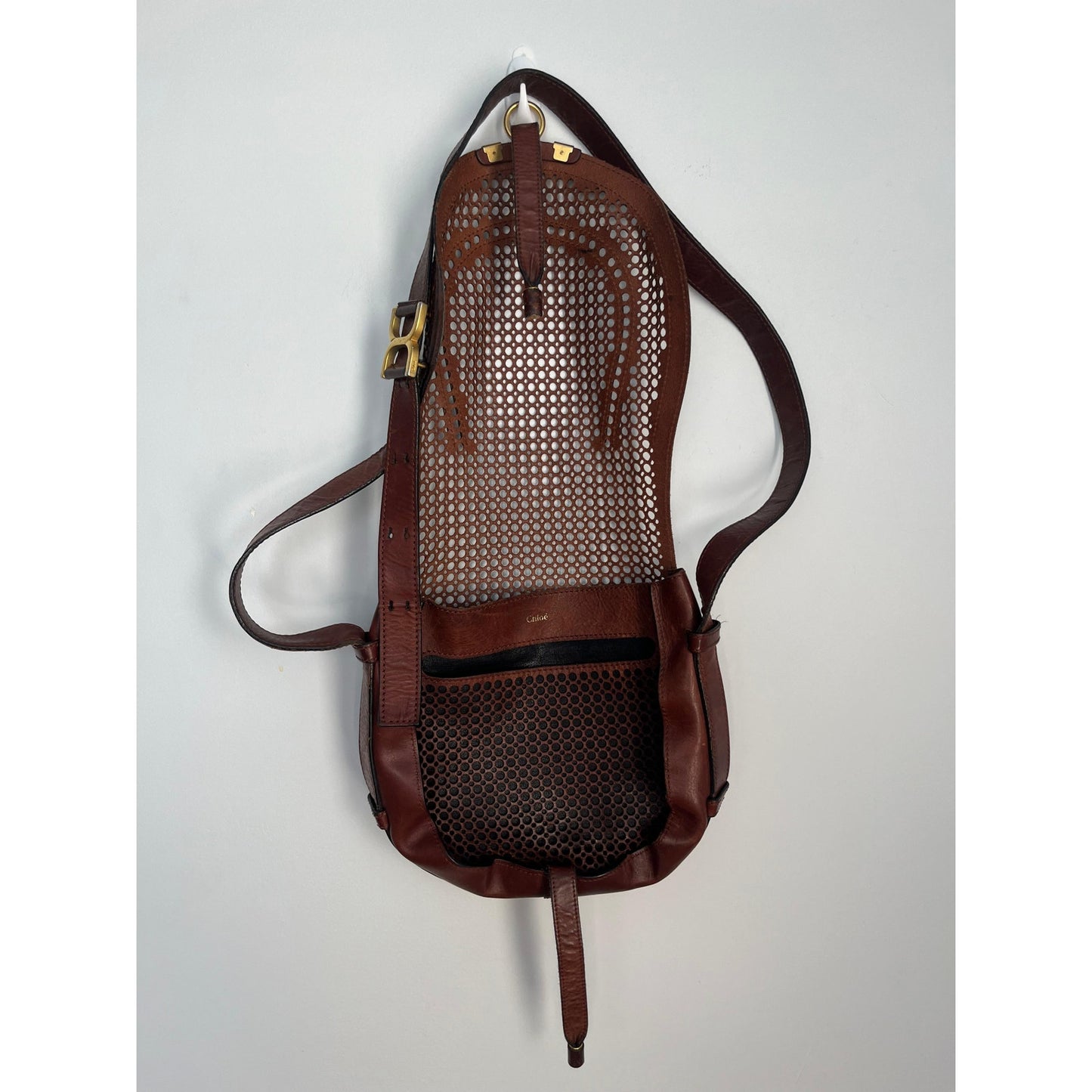 Chloe Crossbody Bag Women Brown Perforated Leather Saddle Flap