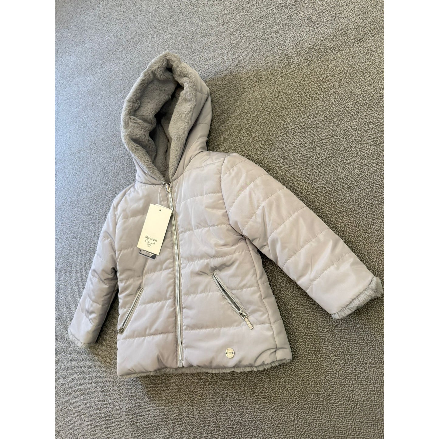 Mayoral Casual Girl Kids Size 2 Reversible Faux Fur Puffer Jacket Grey Pearl