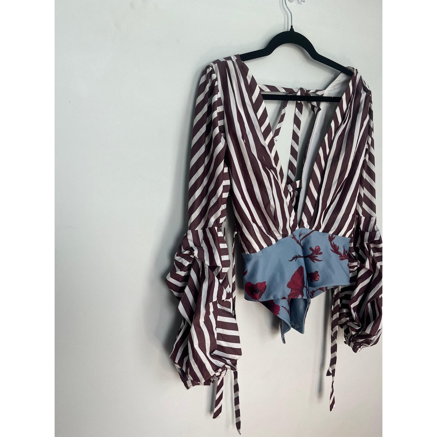 Johanna Ortiz Tie Back Blouse Women 0 Ruffle Sleeve Stripe Floral