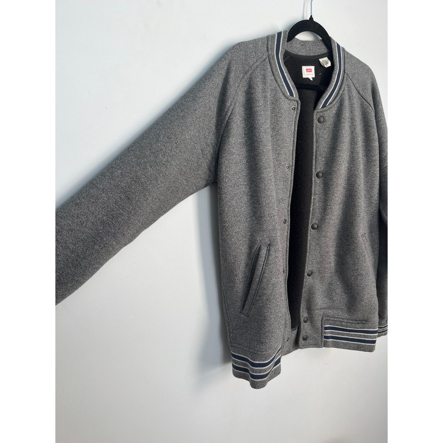 Levis Varsity Jacket Men L Gray Wool Vinatge Rare Blend Snap Front Striped Trim
