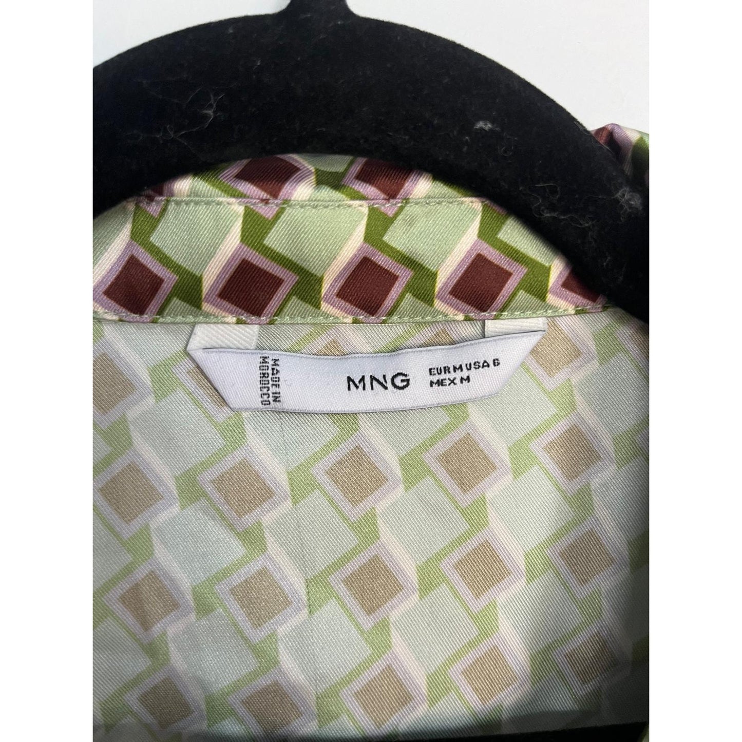 MNG Geometric Blazer Women M Green Brown Satin Diamond Print Lightweight Retro