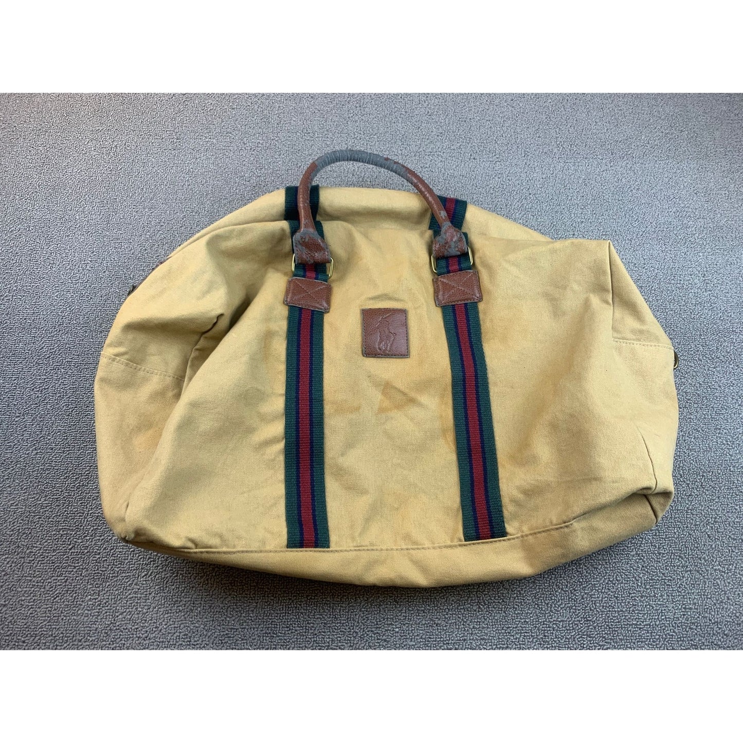 Vintage Polo Ralph Lauren Tan Green Red Stripe Canvas Overnight Duffel Bag