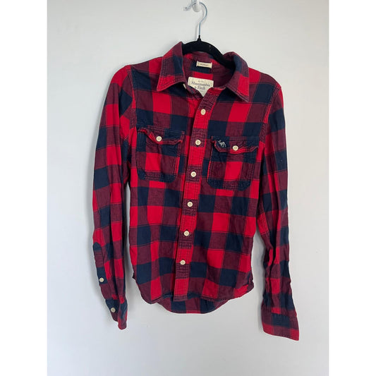 Abercrombie & Fitch Flannel Shirt Men S Red Black Plaid Long Sleeve Muscle Fit