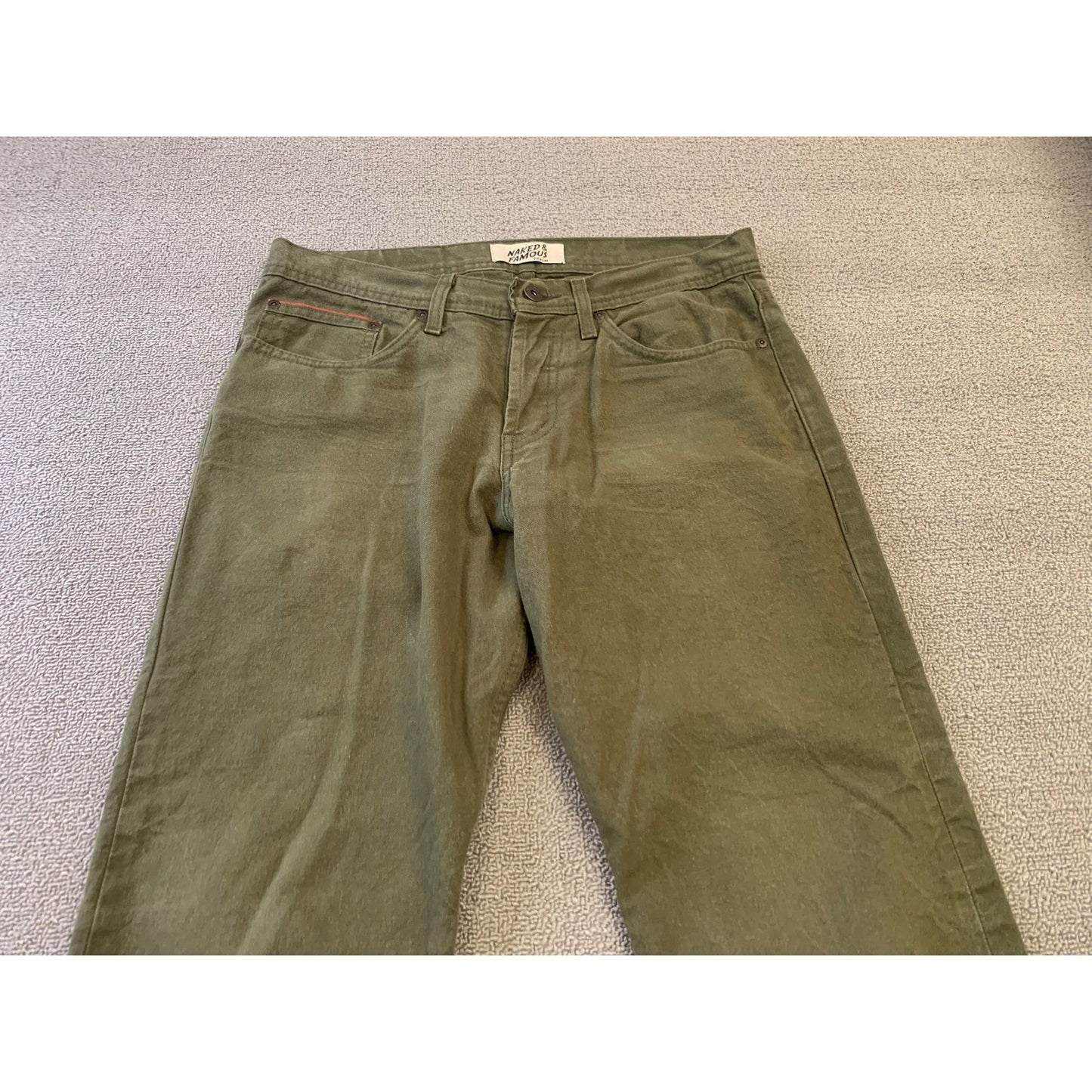 NAKED & FAMOUS Men's 32 Weird Guy Army Green Duck Selvedge Jeans