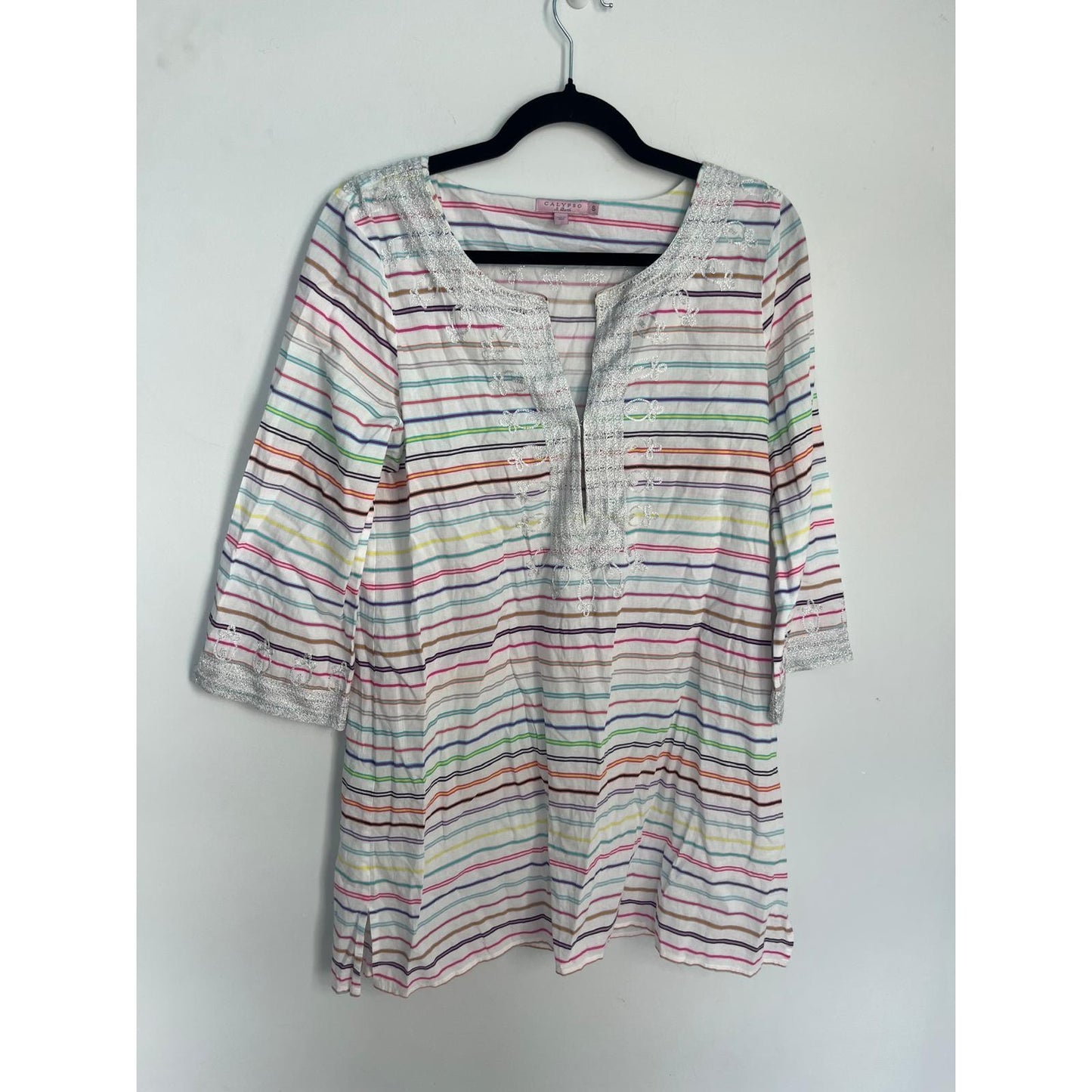 Calypso St Barth Tunic Top Women Small Striped Metallic Embroidered Boho