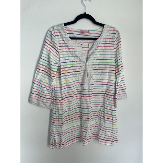 Calypso St Barth Tunic Top Women Small Striped Metallic Embroidered Boho