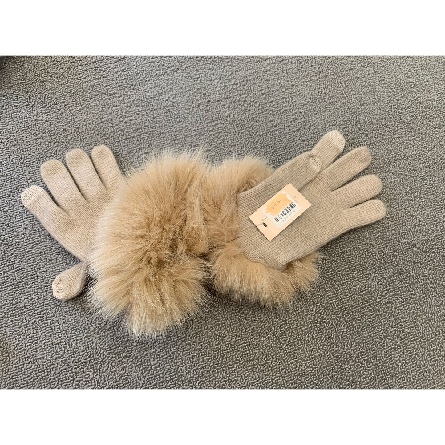 Sofia Cashmere Womens One Size Beige 100% Cashmere Gloves With Real Fur Trim