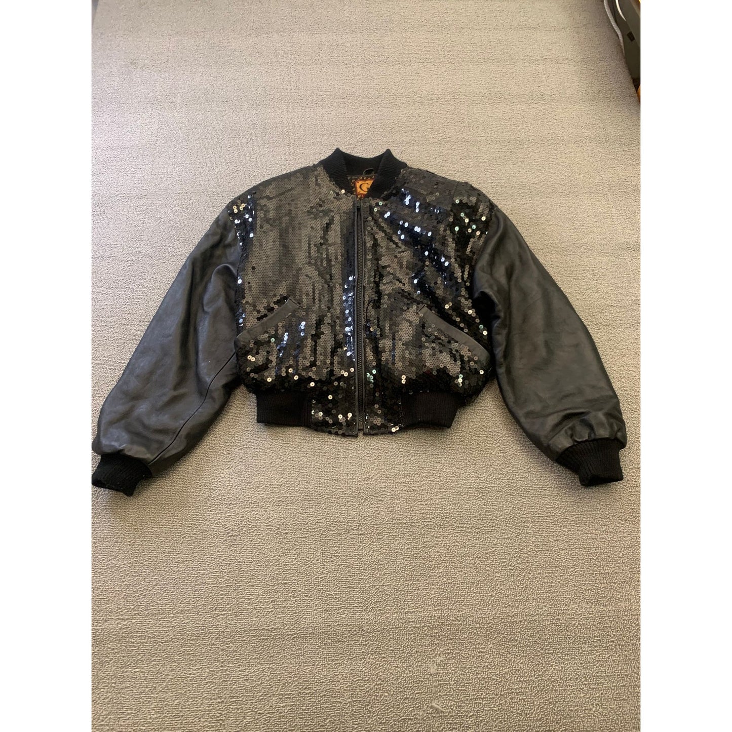 Vintage Y2K G-III LEATHER Women Small Black Sequin Leather Bomber Jacket
