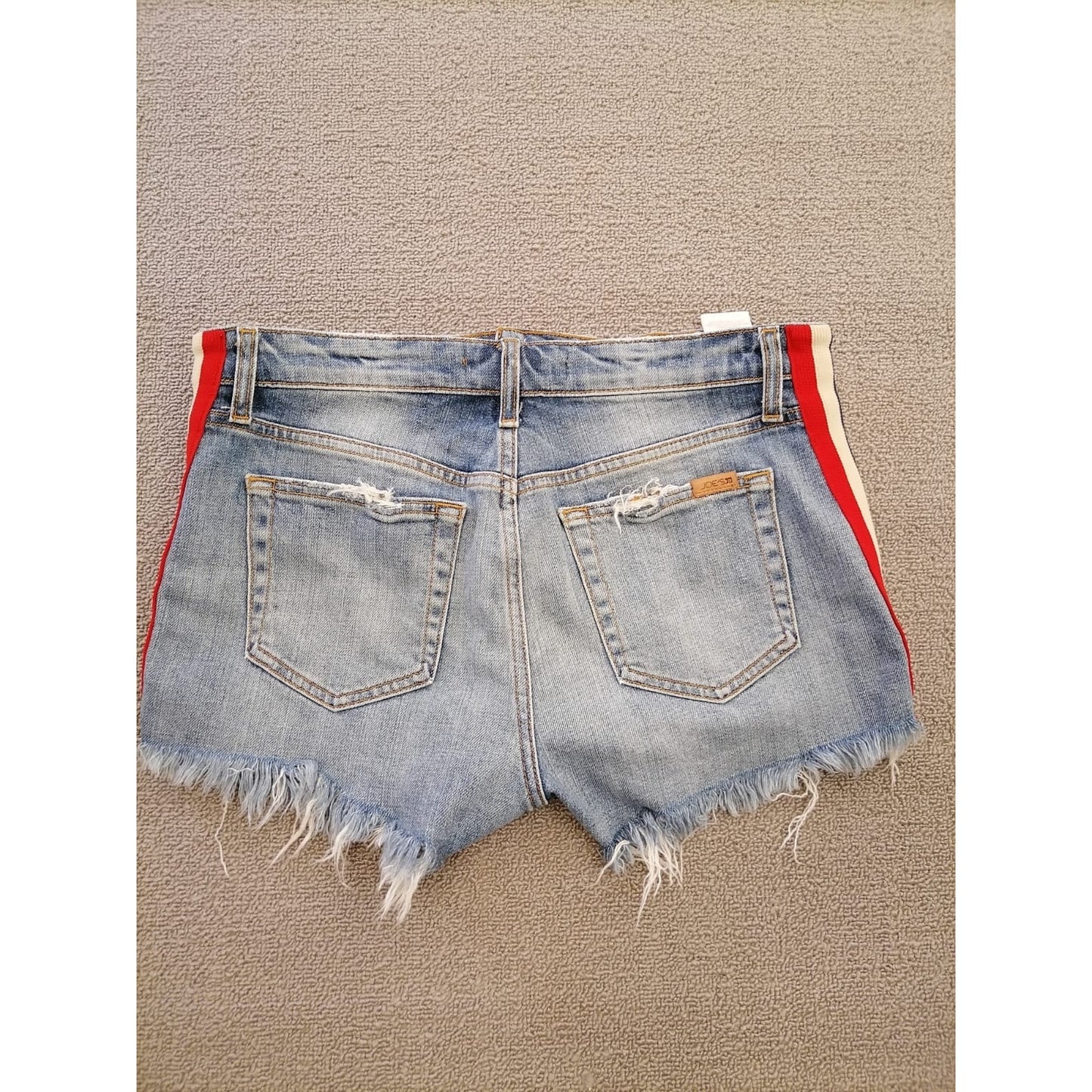 Joe’s Women’s 29 Denim Cutoff Shorts – Blue Hem with Red White Side Stripes