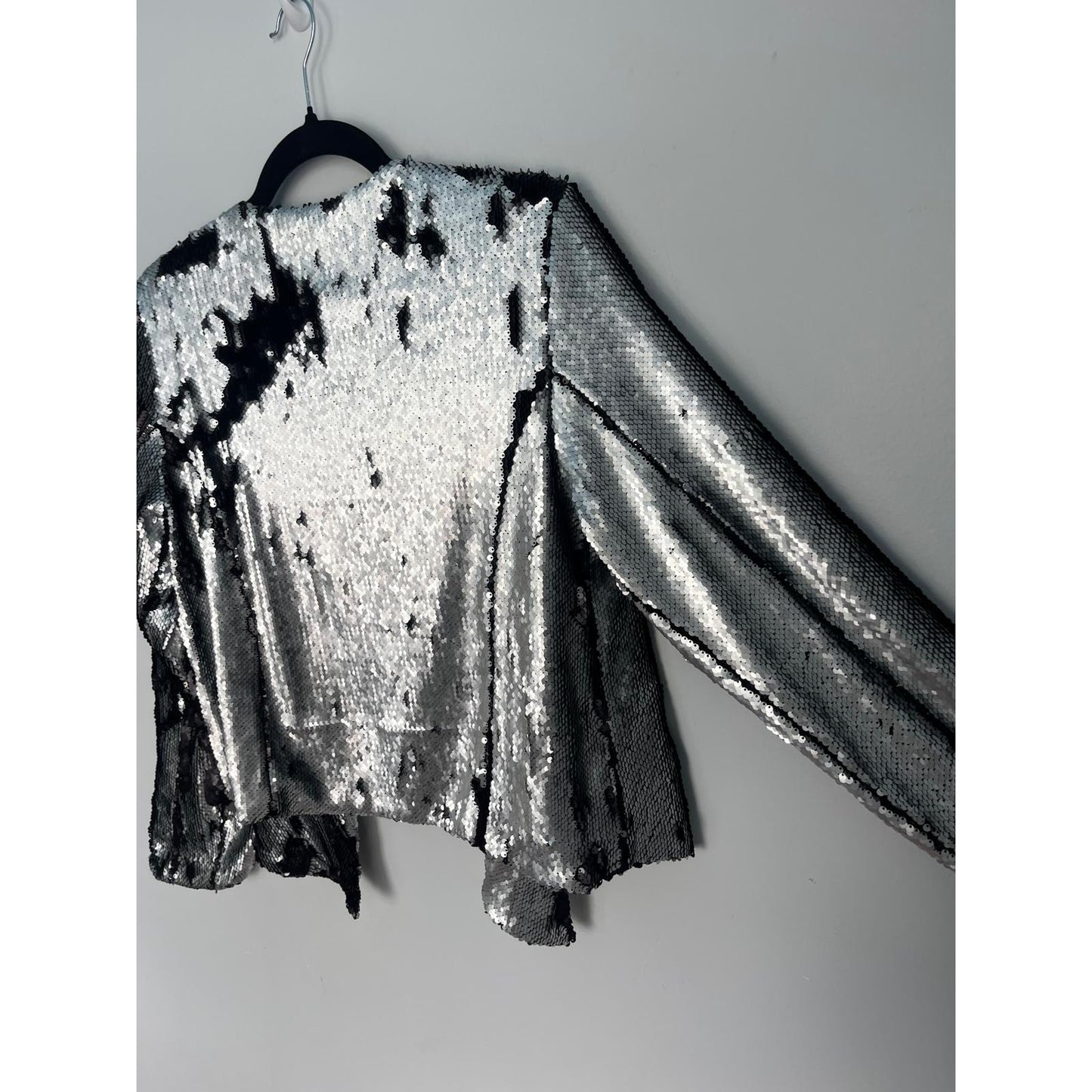 Chaser Sequin Jacket Women Medium Silver Black Open Front Party Blazer NWT