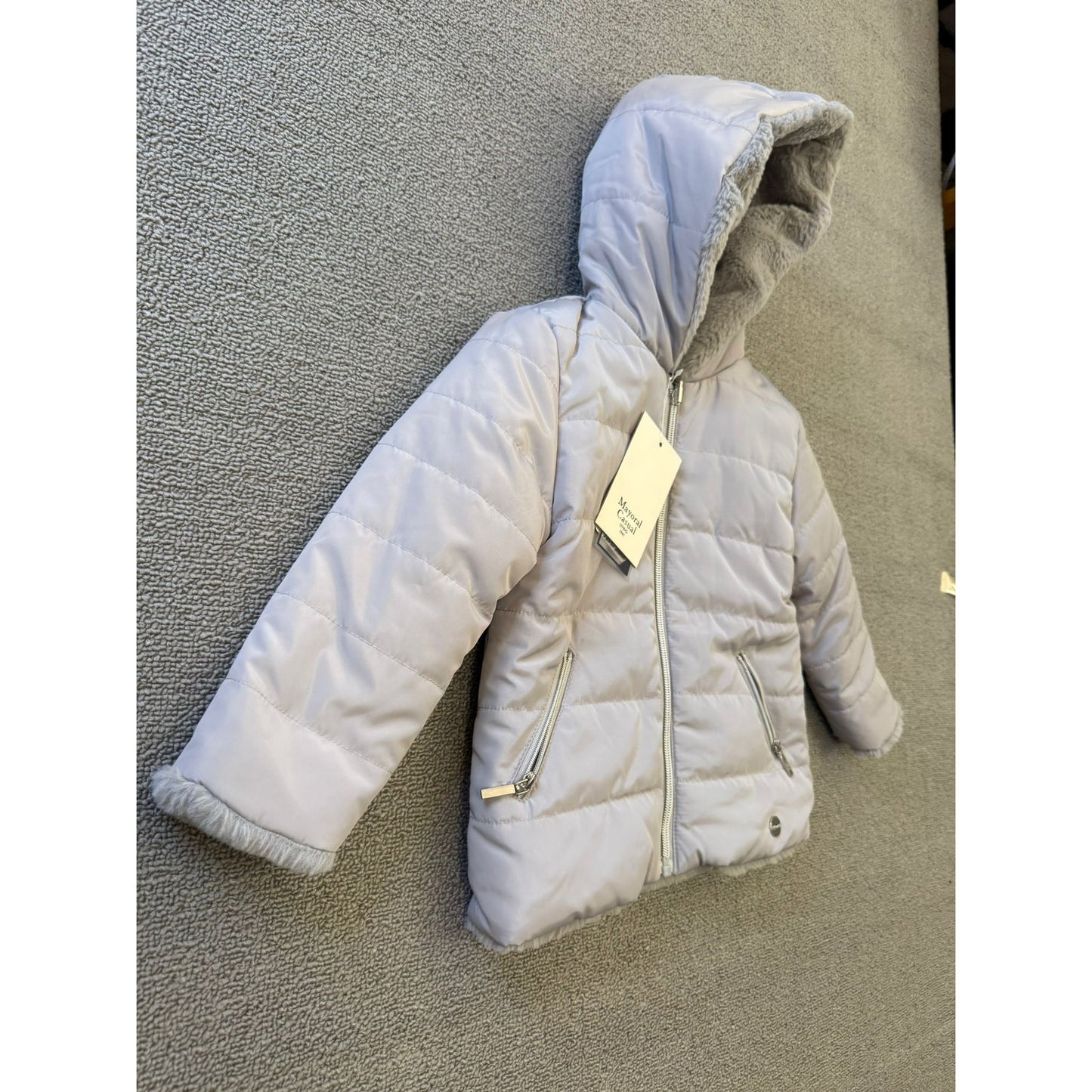 Mayoral Casual Girl Kids Size 2 Reversible Faux Fur Puffer Jacket Grey Pearl