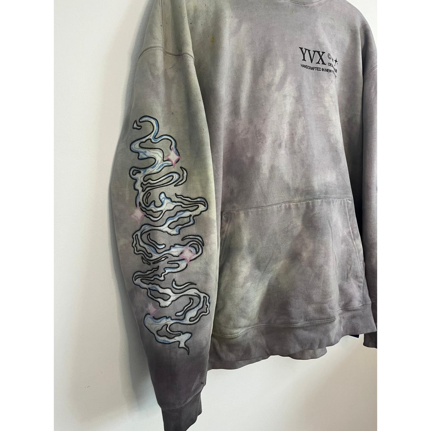 YV Graphic Hoodie Men XL Gray Tie Dye Streetwear Planet Back Print