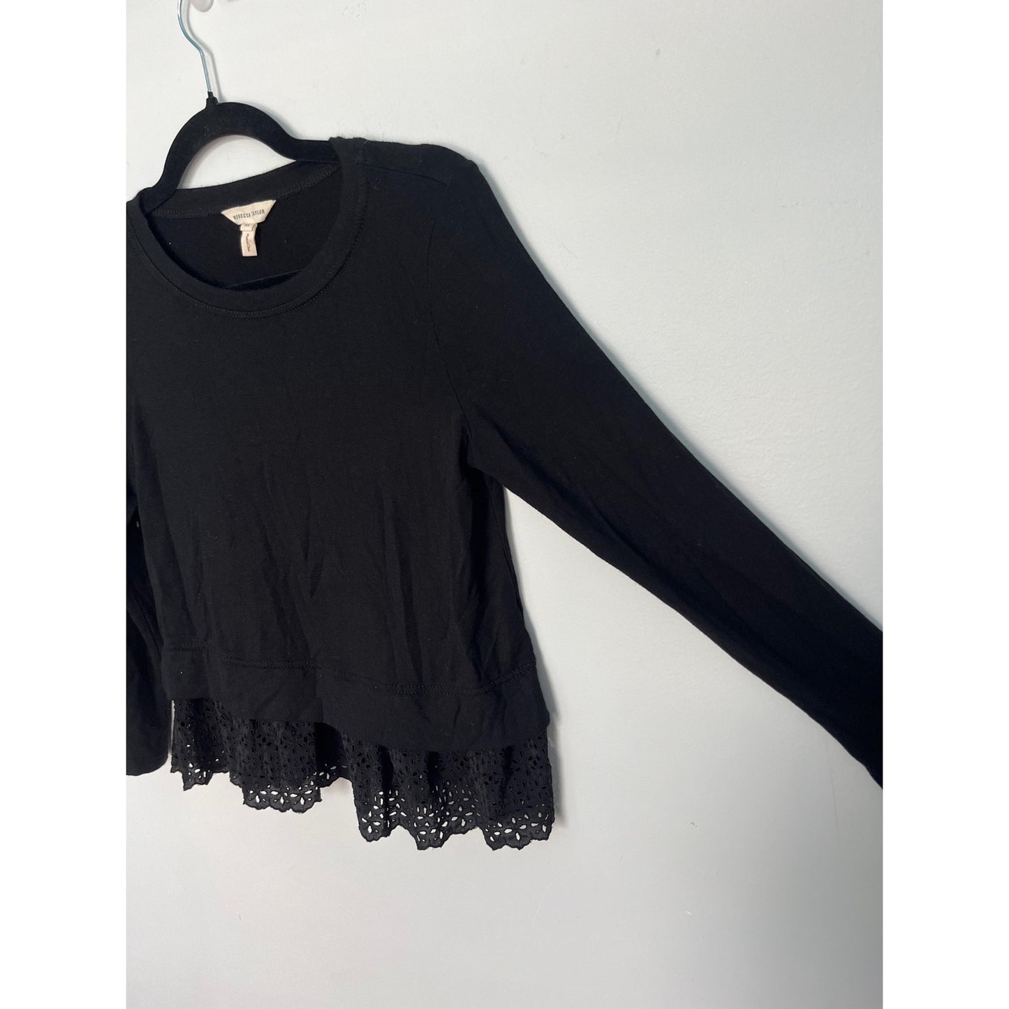 Rebecca Taylor Black Peplum Hem Top Women XS Eyelet Ruffle Long Sleeve