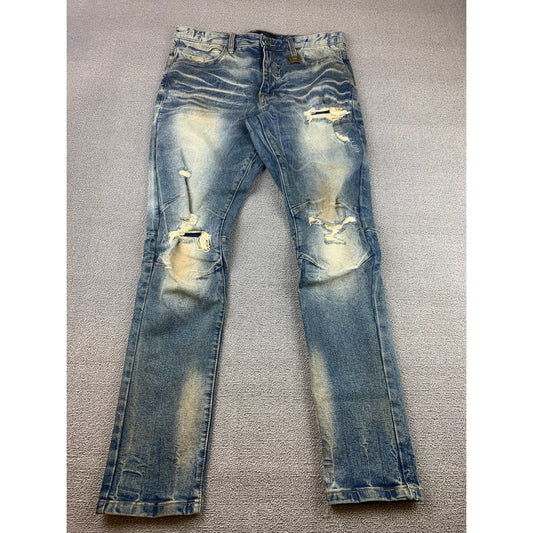 Woolf Men's 34x32 Slim-fit Jeans Blue With A Fashionable Cut-Up Design