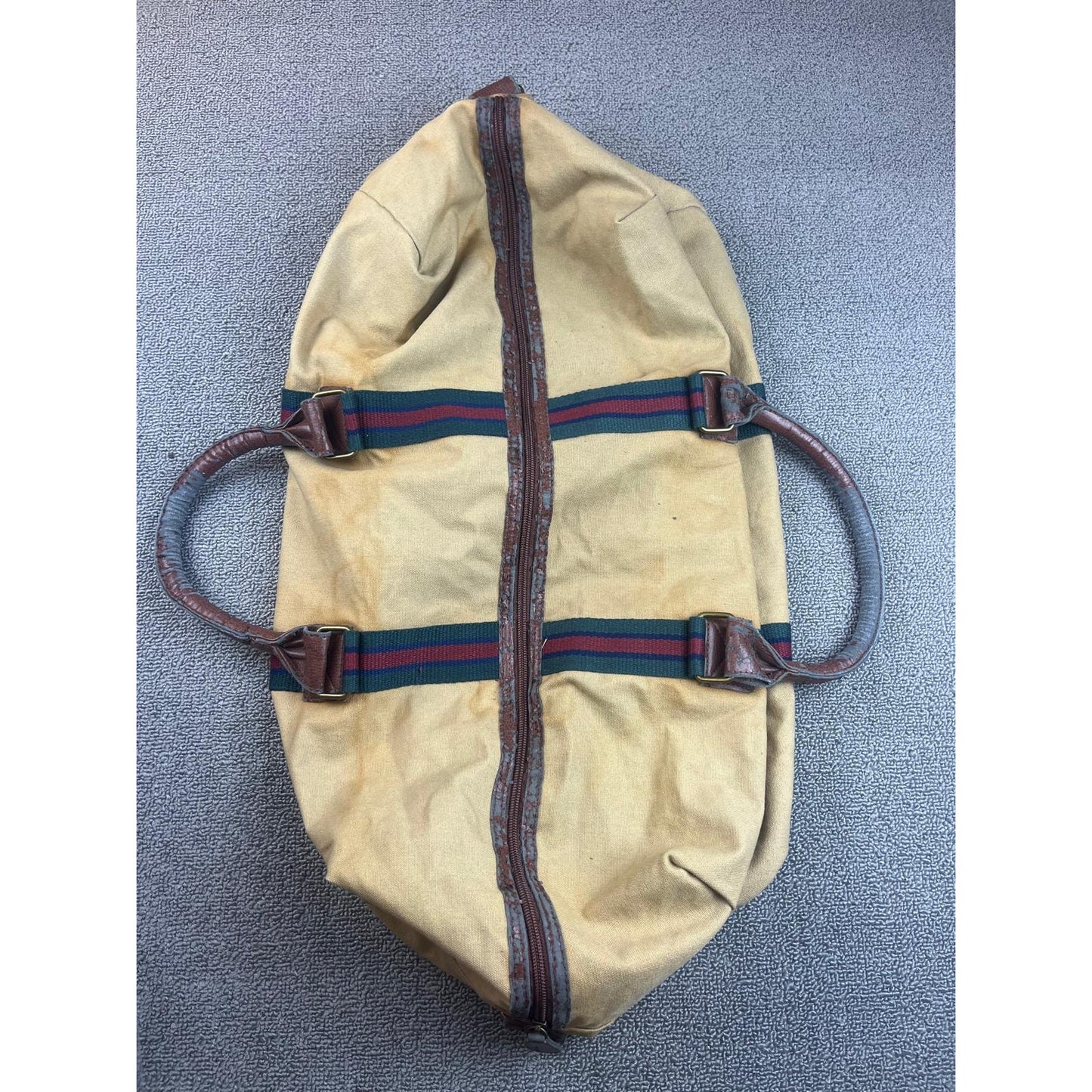 Vintage Polo Ralph Lauren Tan Green Red Stripe Canvas Overnight Duffel Bag