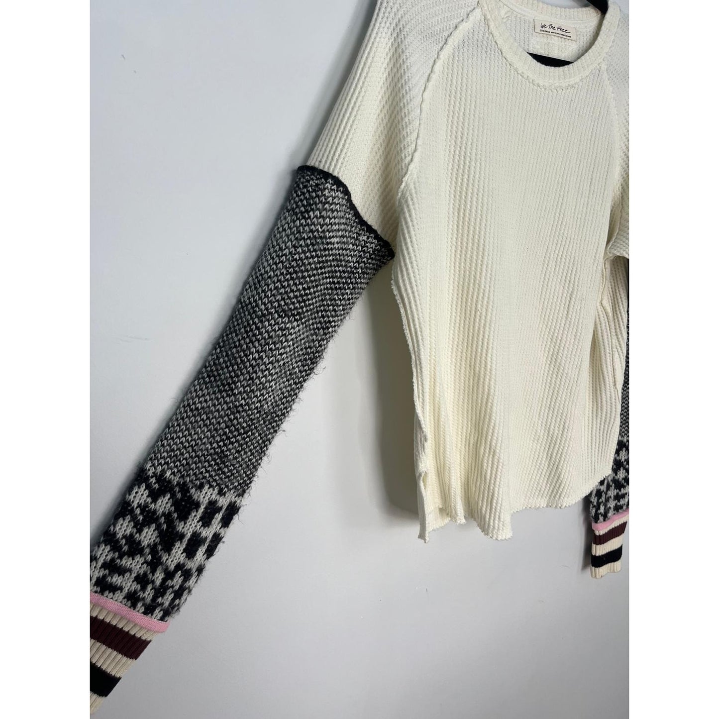 We The Free Waffle Knit Sweater Women XS Colorblock Patterned Sleeves