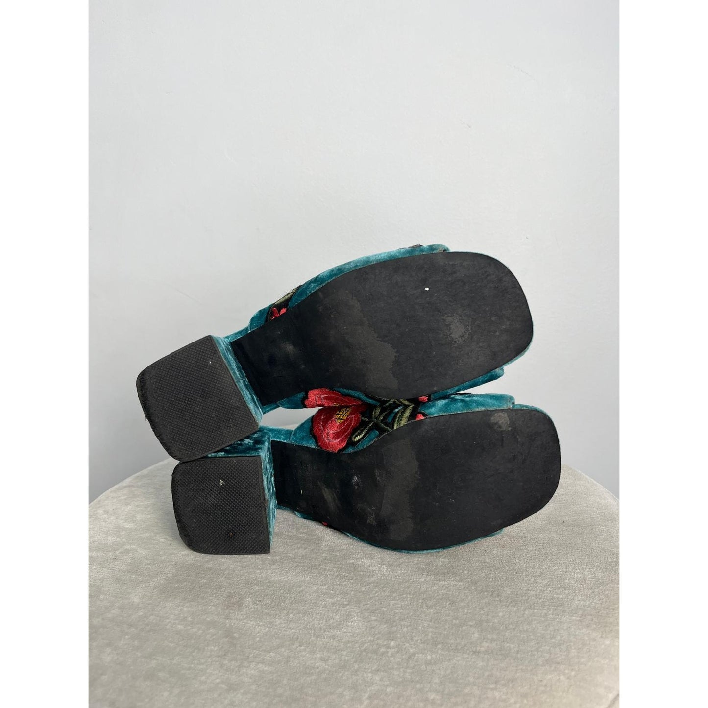 Jeffrey Campbell Velvet Embroidered Women 6 Blue Floral Butterfly Block Heel