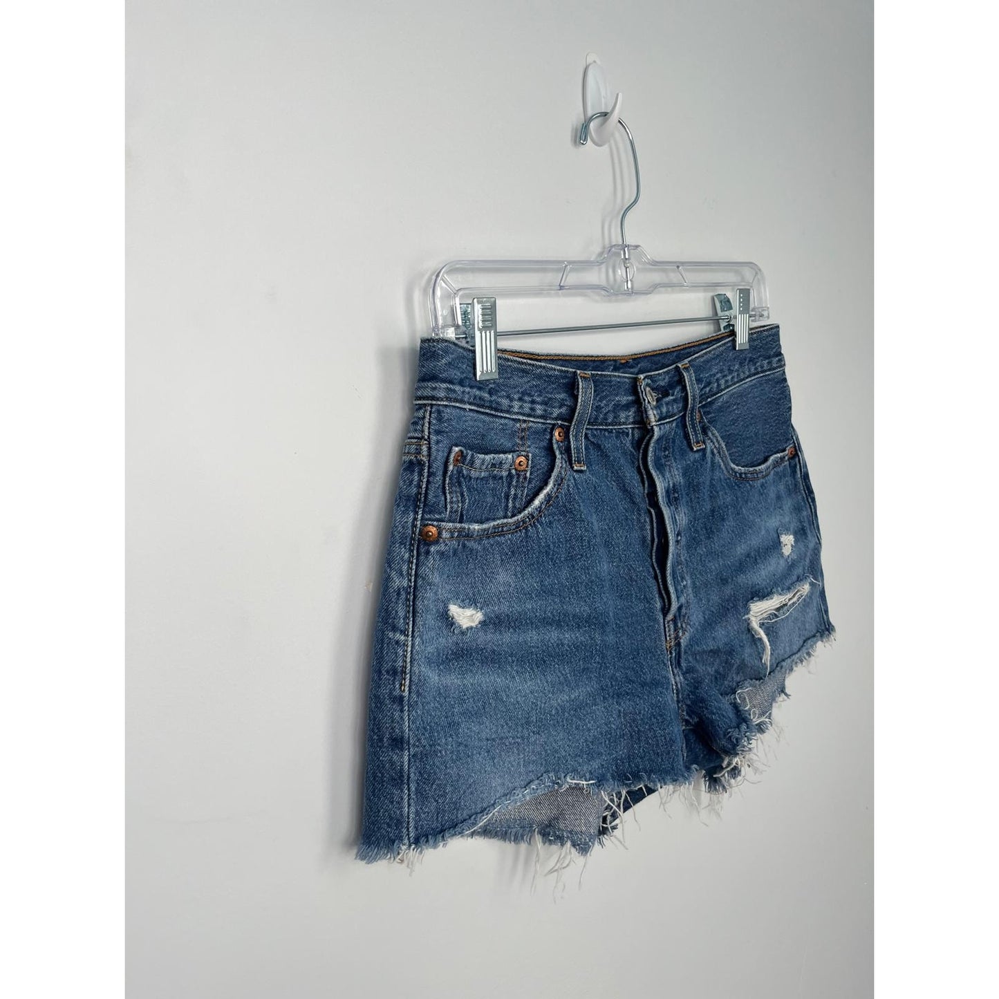 Levi's 501 Denim Shorts Women W28 Distressed High Rise Raw Hem Blue