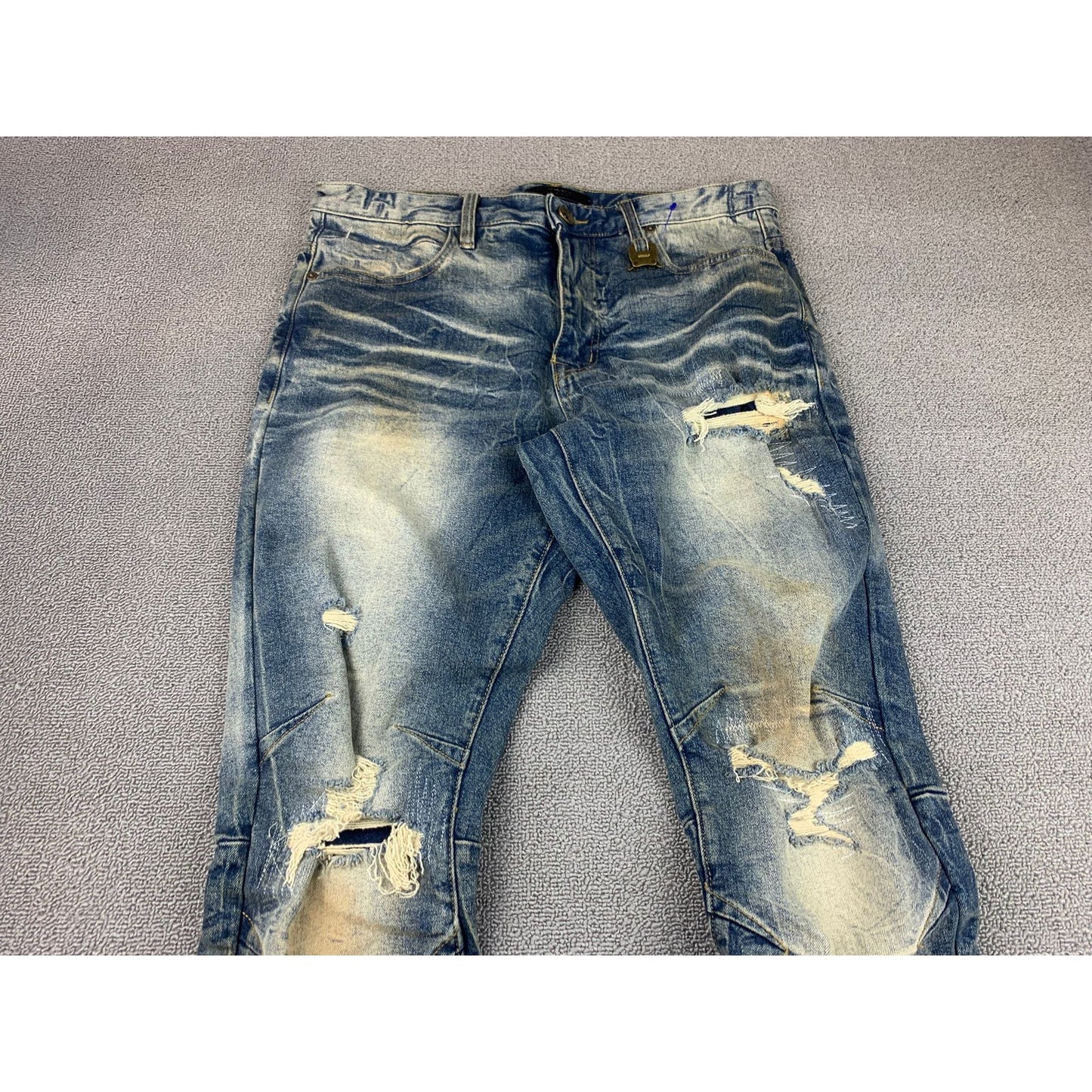 Woolf Men's 34x32 Slim-fit Jeans Blue With A Fashionable Cut-Up Design